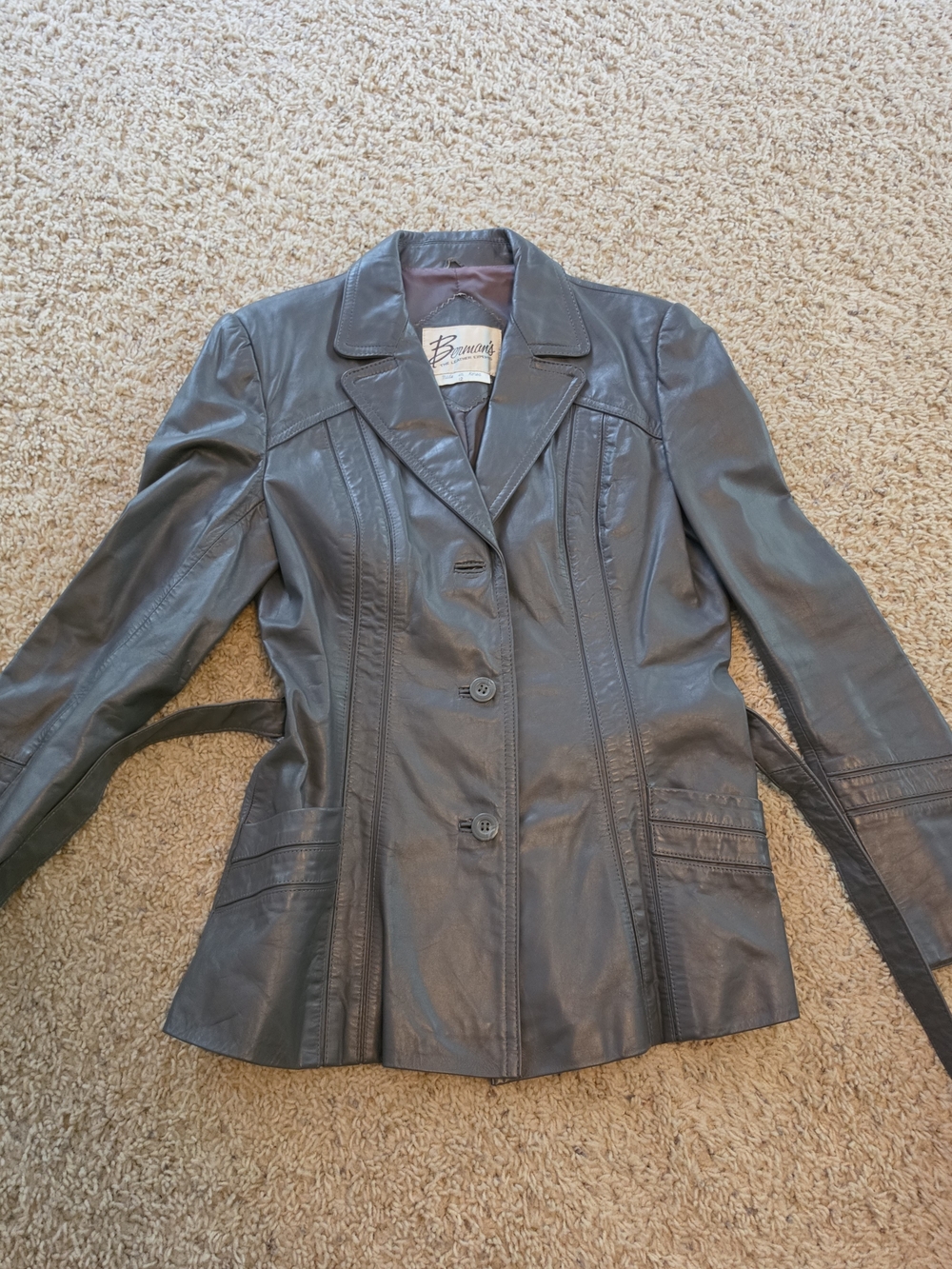 Vtg BERMAN'S Womens Leather Gray Button-Front Blazer Jacket Coat Retro 80s